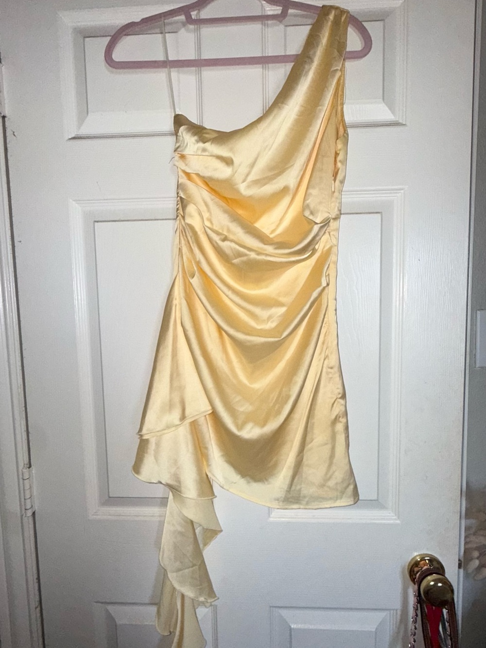 Asymmetric One-Shoulder Satin Dress in Pale Yellow